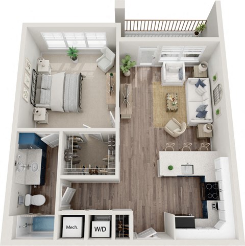 Floor plan for 1 bed, 1 bath, 745 sqft